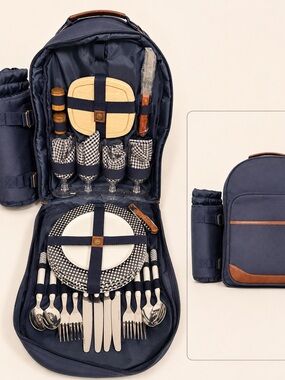 Sunflora NWT 4-Person Insulated Picnic Backpack Set Navy Gingham